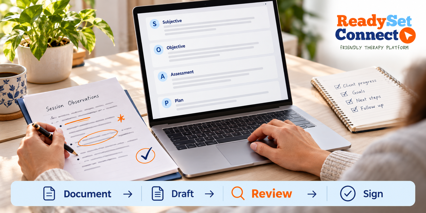 Therapist reviewing an AI-generated SOAP note against session observations before signing